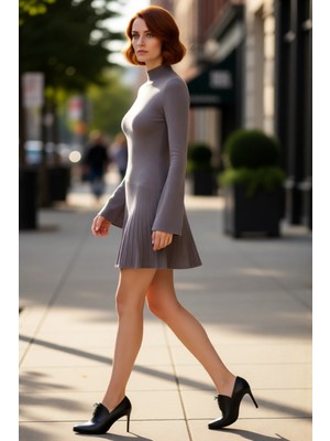 PayBuy Kadın Gri Skater Elbise Dik Yaka Uzun Standart Kol Ince Triko Kışlık Şık Mini Modern Tasarım