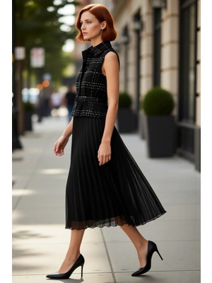 PayBuy Kadın Skater Midi Elbise Gömlek Yaka Kolsuz Tüvit Dokuma Detaylı Kemerli Piliseli Şık Tasarım