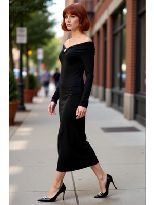 PayBuy Kadın Kiremit Rengi Aksesuar Detaylı Bodycon Maxi Elbise Carmen Yaka Uzun Düşük Kol Kışlık