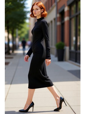 PayBuy Kadın Bodycon Dik Yaka Düz Uzun Kollu Düğme Detaylı Midi Örme Elbise Şık ve Konforlu Tasarım