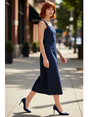 PayBuy Kadın Askılı Kare Yaka Bodycon Kesim Midi Denim Elbise Ilkbahar Sonbahar Günlük Şıklık Kaliteli