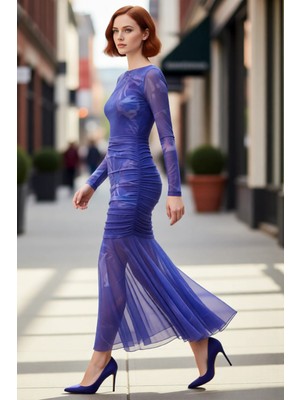 PayBuy Kadın Balık Kalıp Tül Örme Abiye Maxi Elbise Kayık Yaka Uzun Kollu Şık Gece Kokteyl Kaliteli