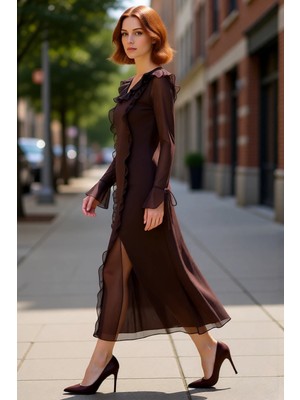 PayBuy Kadın A Kesim Fırfırlı Maxi Elbise V Yaka Uzun Kollu Astarlı Tül Kumaş Detaylı Günlük Şıklık