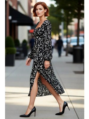 PayBuy Kadın Soyut Desenli A Kesim Midi Boy Kalp Yaka Balon Kol Detaylı Uzun Kollu Yırtmaçlı Elbise