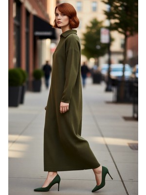 PayBuy Kadın Füme Rahat Kalıp Maxi Boy Fermuarlı Dik Yaka Düz Desen Uzun Kol Triko Elbise Kaliteli