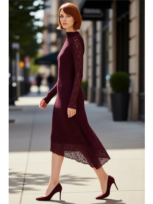 PayBuy Kadın Asimetrik Kesim Bodycon Örme Dantel Dokulu Uzun Kollu Maxi Dik Yaka Elbise Kaliteli Şık