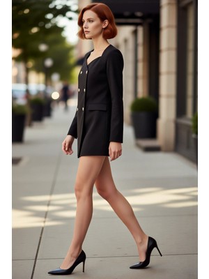 PayBuy Kadın Kruvaze Yaka Dokuma Ceket Elbise Fashion Forward Detaylı Uzun Kollu Gündüz Gece Şık Kıyafet