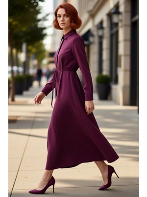 PayBuy Kadın A Line Gömlek Yaka Maxi Boy Astarsız Keten Görünümlü Düz Tesettür Dokuma Elbise Kaliteli