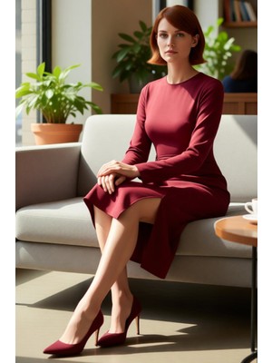 FRM Kadın Fashion Forward Bordo A Line Kesim Midi Elbise Aksesuar Detaylı Uzun Kollu Krep Dokuma