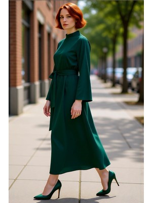 PayBuy Kadın Haki Dik Yaka Kuşaklı Skater Dokuma Maxi Boy Elbise Uzun Ispanyol Kollu Günlük Şıklık