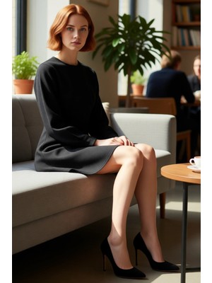 FRM Kadın Fashion Forward A Line Siyah Mini Elbise Bisiklet Yaka Uzun Kol Günlük Şıklık Için Ideal