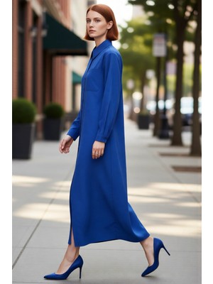 PayBuy Kadın Düz Desen Gömlek Yaka Uzun Kol Maxi Boy Dokuma Elbise Günlük Şık Kombinler Için Ideal