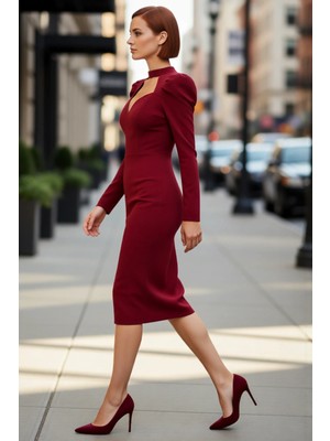 PayBuy Kadın Bordo Vücuda Oturan Midi Boy Abiye Elbise Uzun Balon Kol Kalp Yaka Şık Dokuma Kokteyl Stili
