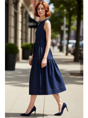 PayBuy Kadınlar Için Volanlı Midi Denim Elbise %100 Pamuk Bisiklet Yaka Kolsuz Şık ve Rahat Kaliteli