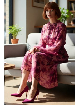 FRM Kadın Dokuma Polyester Midi Elbise Fırfırlı Yakalı Uzun Kollu Çiçek Desenli Ilkbahar Yaz Kaliteli