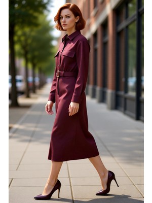 PayBuy Kadın A Line Kesim Midi Boy Kemerli Gömlek Yaka Düz Dokuma Elbise Şık ve Modern Stil Sunar