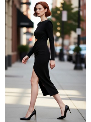 PayBuy Kadın Bordo Bodycon Kesim Uzun Kollu Cut Out Detaylı Şık Maxi Elbise Gece Mezuniyet Davetleri
