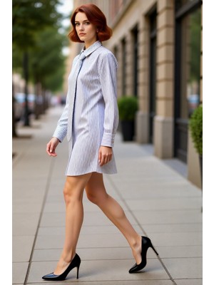 PayBuy Kadın Fashion Forward Çizgili Gömlek Yaka Mini Dokuma Elbise Beyaz Gri Detaylı Casual Günlük