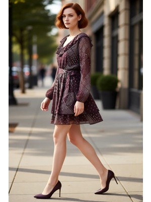 PayBuy Kadın Skater Kalıp Şal Desen V Yaka Fırfırlı Uzun Kollu Astarlı Mini Elbise Casual Şıklık Için