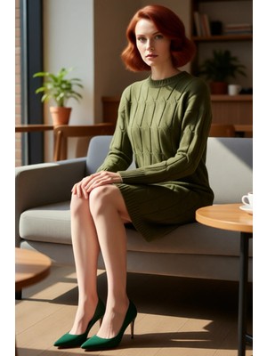 FRM Kadın Casual Ortamlar Için Akrilik Materyal Bisiklet Yaka Saç Örgü Mini Triko Elbise Kaliteli