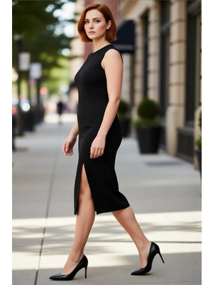 PayBuy Kadın Siyah Bodycon Midi Örme Elbise Yırtmaç Detaylı Kolsuz Bisiklet Yaka Büyük Beden Şıklığı