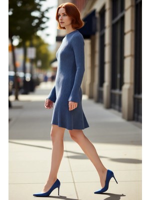 PayBuy Kadınlar Için Kışlık Gri A Line Kesim Fitilli Triko Mini Elbise Bisiklet Yaka Uzun Kollu Şıklık