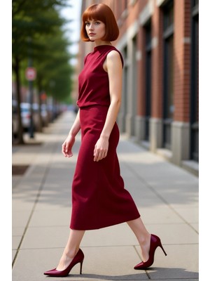 PayBuy Kadın Shift Kalıp Aksesuar Detaylı Aerobin Dokuma Midi Elbise Şık ve Konforlu Günlük Kullanım Için