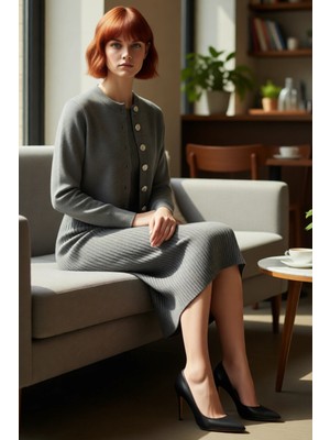 FRM Kadın Düz Desen Midi Boy Triko Hırkalı Elbise Takımı Konforlu Şık Uzun Kollu Stil Kaliteli