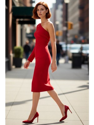 PayBuy Kadınlara Özel Tek Kol Uzun Kollu Bodycon Midi Dokuma Asimetrik Yaka Kokteyl Elbise Şıklığı