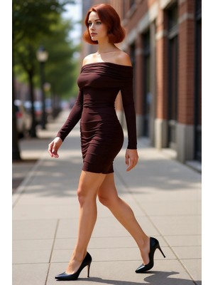 PayBuy Kadınlara Özel Bodycon Midi Elbise Düz Uzun Düşük Kol Carmen Yaka Sandy Dokuma Şık Giyim Kaliteli