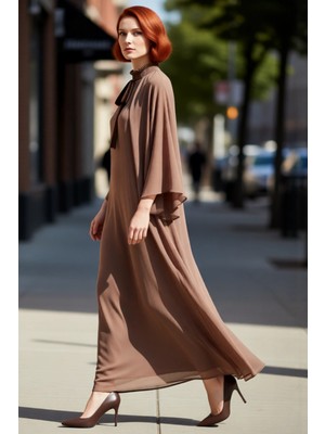 PayBuy Kadın A Kesim Vizon Pelerin Detaylı Maxi Elbise Dik Yaka Uzun Kollu Şifon Kumaş Zarif Tasarım