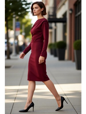 PayBuy Kadın Midi Boy Asimetrik Kayık Yaka Bodycon Uzun Kollu Scuba Krep Örme Elbise Şık Kışlık Giyim