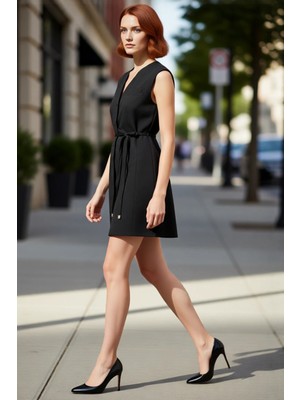 PayBuy Kadın Skater Kuşaklı Mini Yelek Elbise V Yaka Kesimiyle Ofis Şıklığı Sunar Tüm Sezonlar Için Ideal