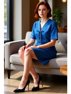 FRM Kadın Denim Mini Elbise A Line Rahat Kesim Kısa Kollu Kuşgözü Bağlama Detaylı %100 Pamuk Kaliteli