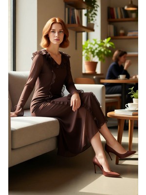 FRM Kadın Maxi Boy V Yaka Fırfırlı Elbise A Kesim Astarlı Uzun Kollu Tül Kumaş Detaylı Casual Şıklık