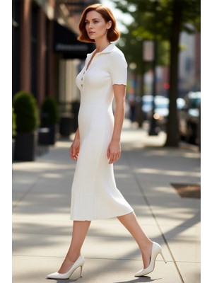 PayBuy Kadın Kahverengi Bodycon Maxi Polo Yaka Standart Kısa Kollu Triko Elbise Günlük Şık Rahat Ilkbahar