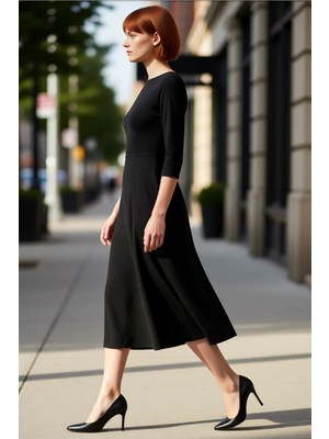 PayBuy Kadın Skater Kalıp Kayık Yaka Midi Elbise Şık ve Rahat Tarzıyla Günlük Özel Anlar Için Ideal