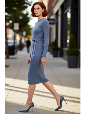 PayBuy Kadın Kuşaklı Bodycon Triko Midi Elbise Bisiklet Yaka Uzun Standart Kollu Şık Ilkbahar Sonbahar