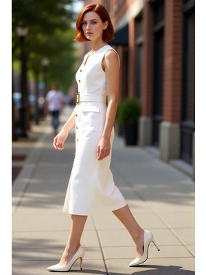 PayBuy Kadın Bodycon Kesim Kolsuz V Yaka Kemerli Midi Elbise Aksesuar Detaylı Şık ve Modern Finike Dokuma
