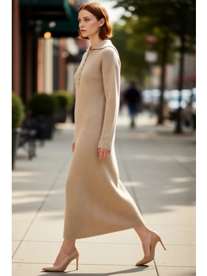 PayBuy Kadın Gömlek Yaka Düğmeli A Line Uzun Kollu Düz Selanik Triko Maxi Elbise Kış Sezonu Şıklığı