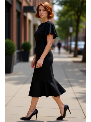 PayBuy Kadın Büyük Beden Bodycon Midi Elbise Melek Kol Dokuma Kumaş Bisiklet Yaka Şık Günlük Stile Uygun
