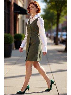 PayBuy Kadın Askılı Jile Elbise Haki Renk Kadife Kumaş Düz Desen Günlük Rahat Stil Kışlık Şıklık Kaliteli