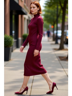 PayBuy Kadın Midi Örme Elbise Bodycon Kalıbı Dik Yaka Uzun Standart Kol Yırtmaç Detaylı Düz Tasarım Kış