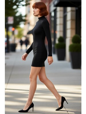 PayBuy Kadın Bodycon Fitilli Dik Yaka Uzun Kol Düğme Detaylı Mini Örme Elbise Şık ve Konforlu Kaliteli