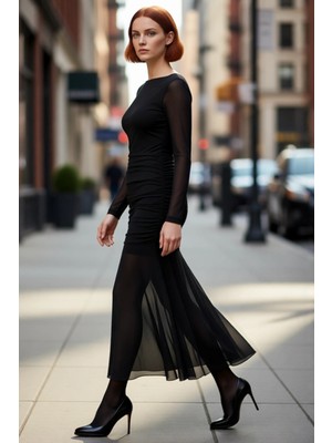 PayBuy Kadın Balık Kalıp Tül Örme Abiye Maxi Elbise Kayık Yaka Uzun Kollu Şık Gece Kokteyl Kaliteli