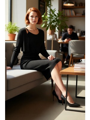 FRM Kadın Günlük V Yaka Düğmeli Uzun Kollu Triko Midi Bodycon Elbise Şık ve Konforlu Tasarım Kaliteli