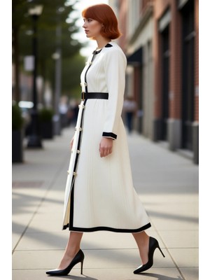 PayBuy Kadın Ekru Kemerli Ceket Yaka Düz Uzun Kollu Triko Maxi Elbise Akrilik Kış Koleksiyonu Şıklığı