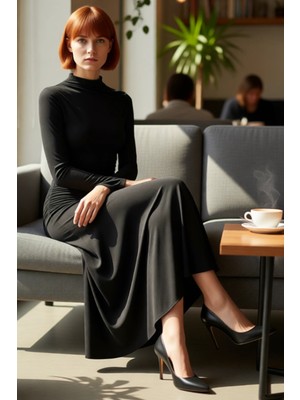 FRM Kadın Lacivert Dik Yaka Büzgülü Maxi Elbise Uzun Kollu Bodycon Şık Günlük Esnek Örme Stil Kaliteli