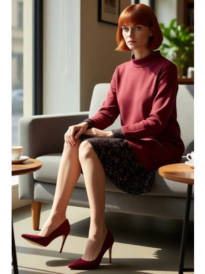 FRM Kadın Feminine Şık Selanik Örme Dik Yaka Uzun Kol Elbise Shift Kalıplı Mini Çiçekli Tasarım