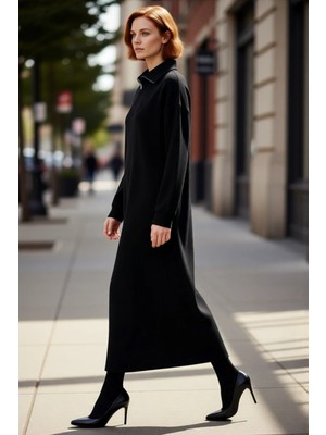 PayBuy Kadın Füme Rahat Kalıp Maxi Boy Fermuarlı Dik Yaka Düz Desen Uzun Kol Triko Elbise Kaliteli